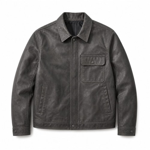 Men's Fog Charcoal Grey Oil Waxed Leather Jacket, Japanese Cut