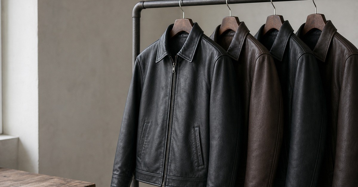 Four finished leather jackets hanging on a workshop rail before packing, part of the leather jacket range.