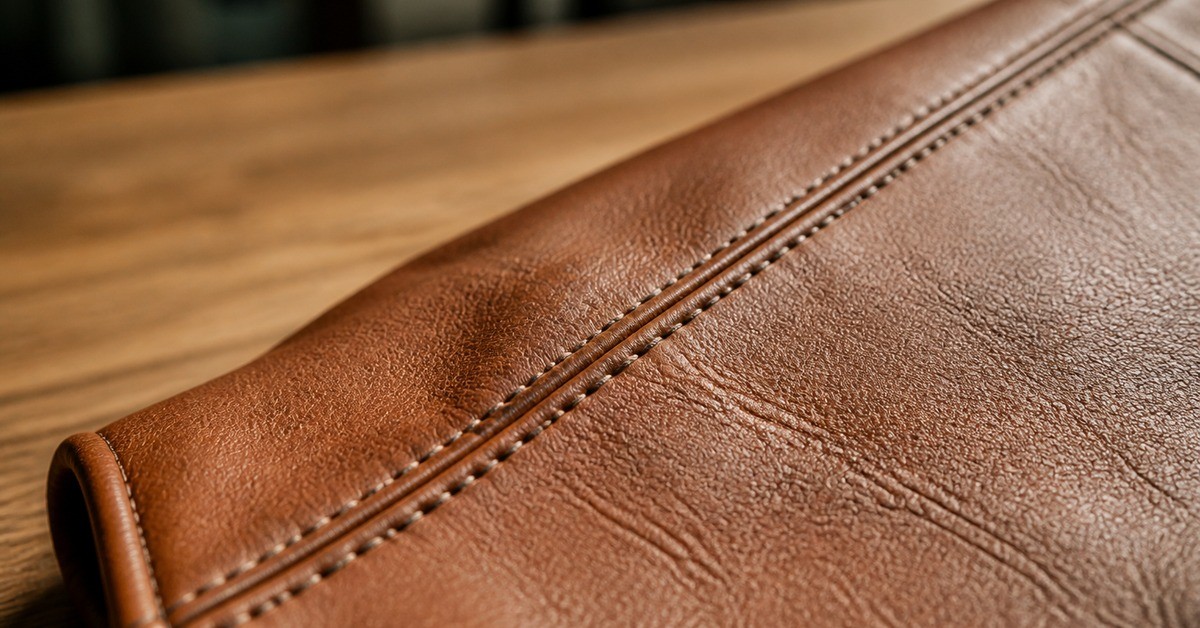 Close-up of two rows of stitching on a leather jacket panel resting on the cutting table in the workshop.