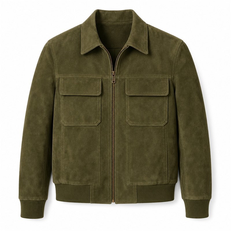 Men's Olive Suede Hunter Leather Jacket, Plain Saudi Arabian Cut