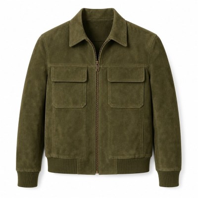 Men's Olive Suede Hunter Leather Jacket, Plain Saudi Arabian Cut