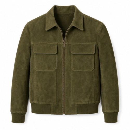 Men's Olive Suede Hunter Leather Jacket, Plain Saudi Arabian Cut