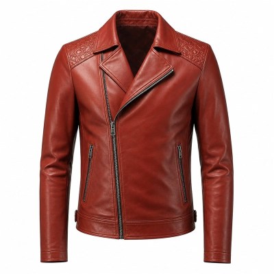 Men's Earthy Clay Red Biker Leather Jacket, Plain Turkish Cut