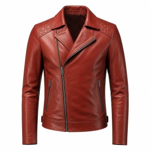 Men's Earthy Clay Red Biker Leather Jacket, Plain Turkish Cut