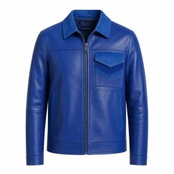 Men's Royal Blue Refined Workwear Leather Jacket, Plain Turkish Cut