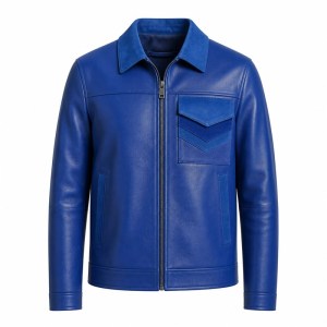 Men's Royal Blue Refined Workwear Leather Jacket, Plain Turkish Cut