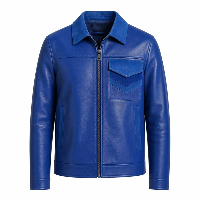 Men's Royal Blue Refined Workwear Leather Jacket, Plain Turkish Cut
