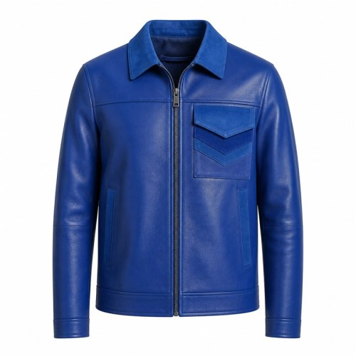 Men's Royal Blue Refined Workwear Leather Jacket, Plain Turkish Cut