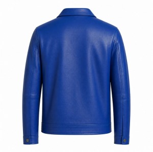 Men's Royal Blue Refined Workwear Leather Jacket, Plain Turkish Cut