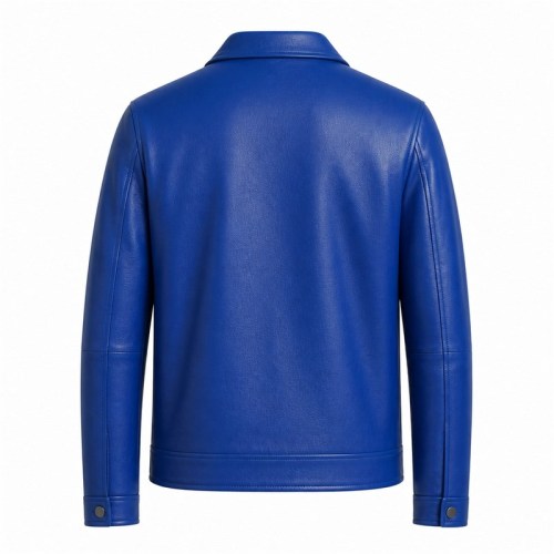 Men's Royal Blue Refined Workwear Leather Jacket, Plain Turkish Cut