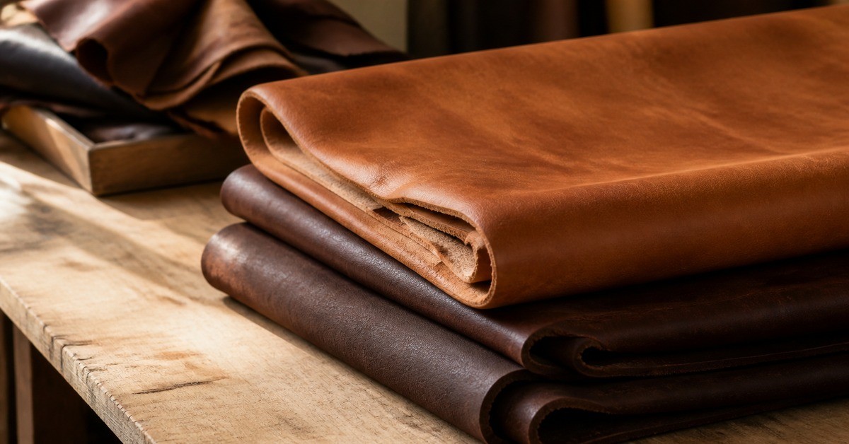 Folded tan and dark brown leather hides stacked on a wooden workbench, the material released from the EUDR scope.