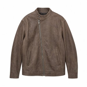 Men's Mist Bean Paste Cafe Racer Leather Jacket, Taiwanese Cut