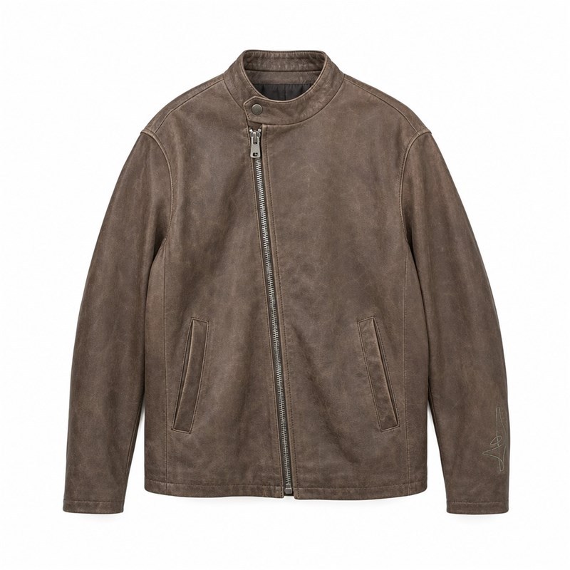 Men's Mist Bean Paste Cafe Racer Leather Jacket, Taiwanese Cut