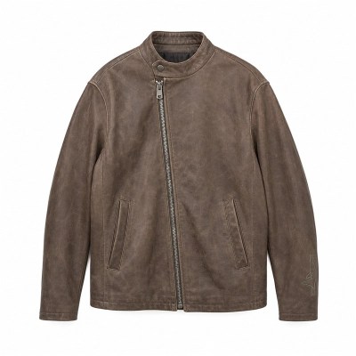 Men's Mist Bean Paste Cafe Racer Leather Jacket, Taiwanese Cut