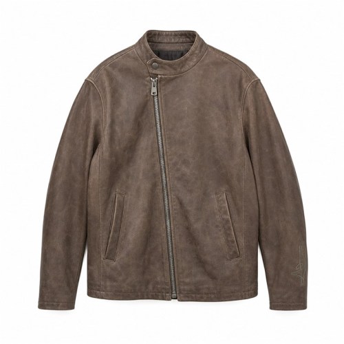 Men's Mist Bean Paste Cafe Racer Leather Jacket, Taiwanese Cut