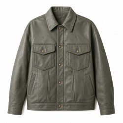 Men's Grey Tea Green Relaxed Workwear Leather Jacket, Taiwanese Cut