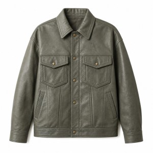 Men's Grey Tea Green Relaxed Workwear Leather Jacket, Taiwanese Cut