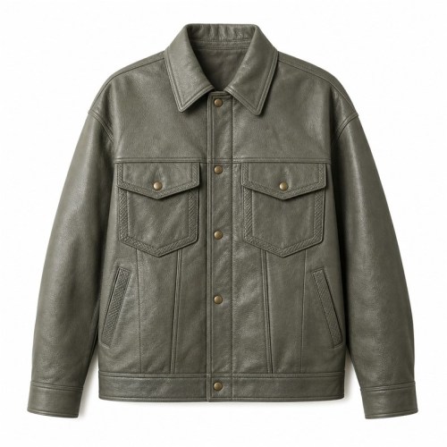 Men's Grey Tea Green Relaxed Workwear Leather Jacket, Taiwanese Cut