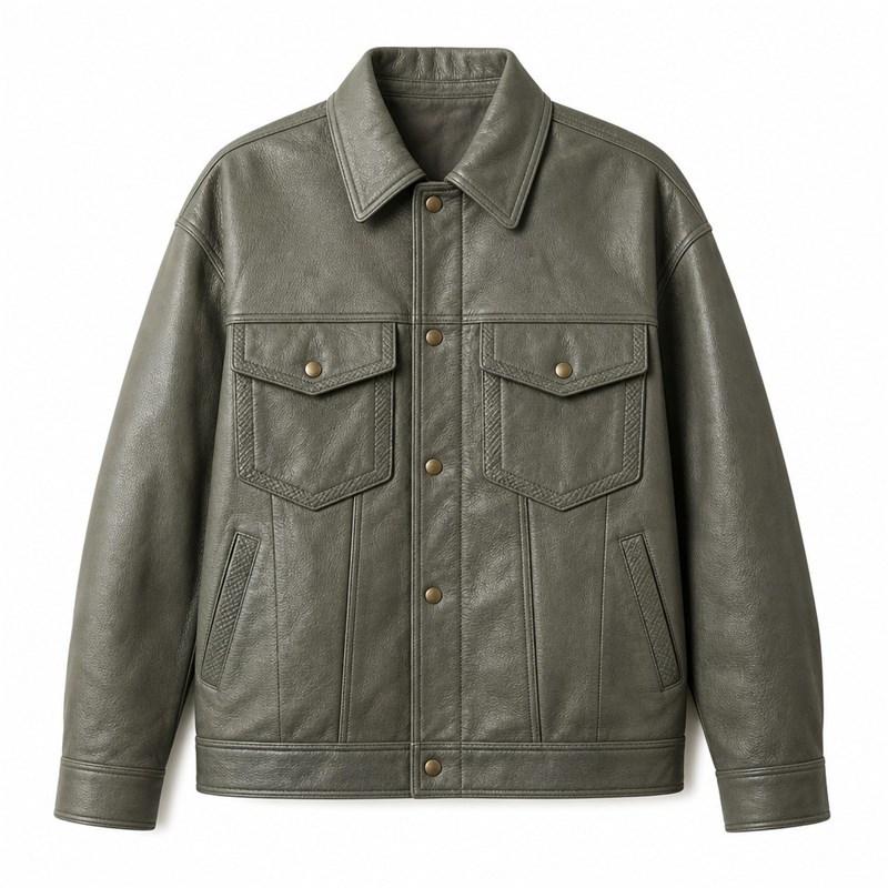 Men's Grey Tea Green Relaxed Workwear Leather Jacket, Taiwanese Cut