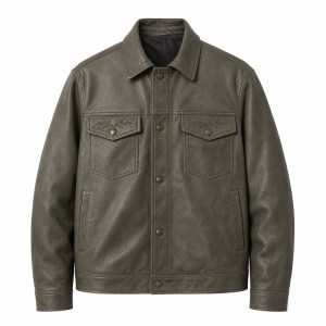 Men's Grey Olive Cityboy Relaxed Leather Jacket, Hong Kong Cut