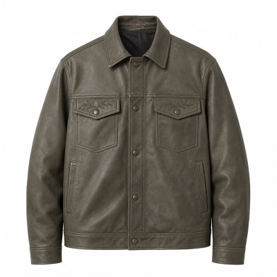 Men's Grey Olive Cityboy Relaxed Leather Jacket, Hong Kong Cut
