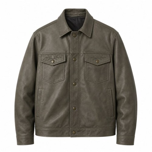 Men's Grey Olive Cityboy Relaxed Leather Jacket, Hong Kong Cut