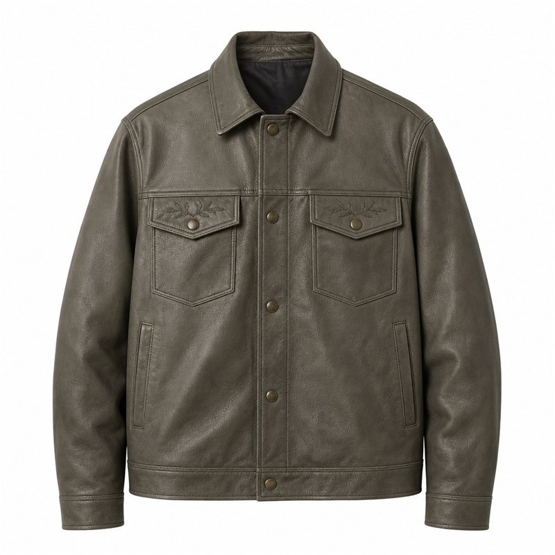 Men's Grey Olive Cityboy Relaxed Leather Jacket, Hong Kong Cut