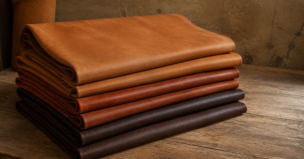 Stacked tan and dark brown leather hides on a wooden workbench, ready for leather jacket production.