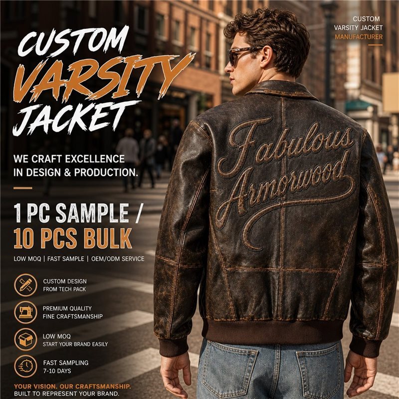 Distressed Embossed Leather Varsity Jacket