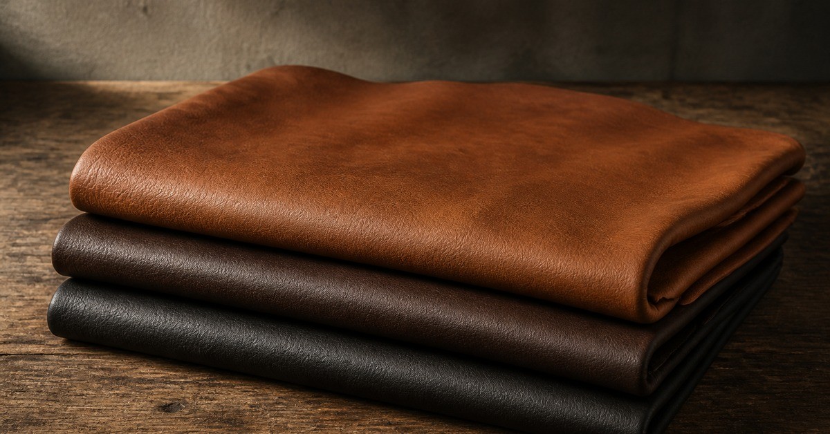 Folded dark brown leather hides stacked on a wooden workbench, ready for leather jacket production.