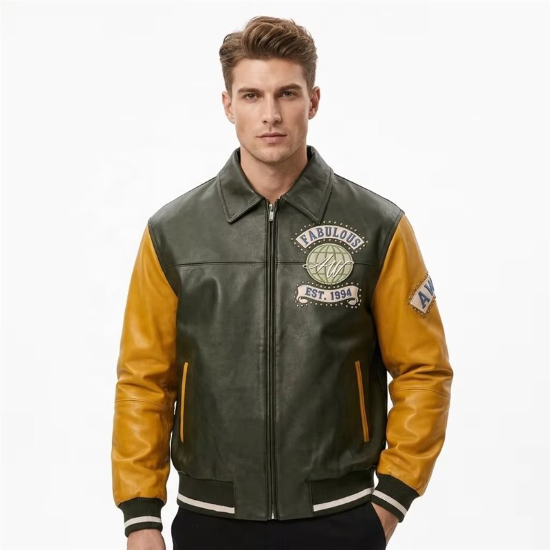 Contrast Rhinestone Leather Varsity Jacket Men