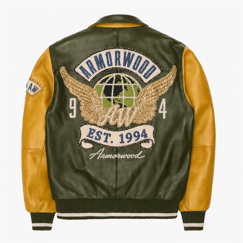 Contrast Rhinestone Leather Varsity Jacket