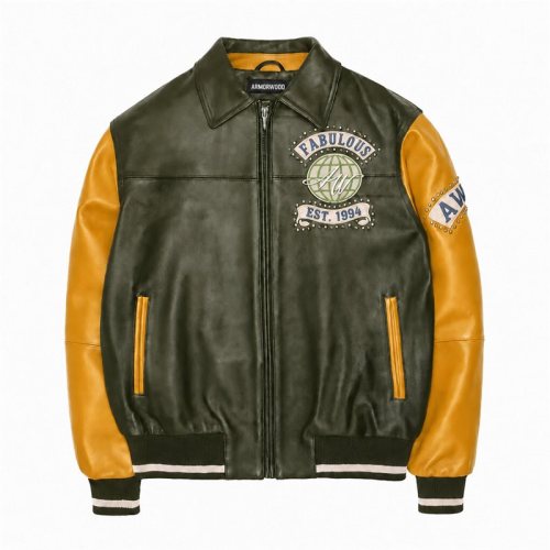 High Street Color Block Varsity Jacket, Genuine Leather for Men