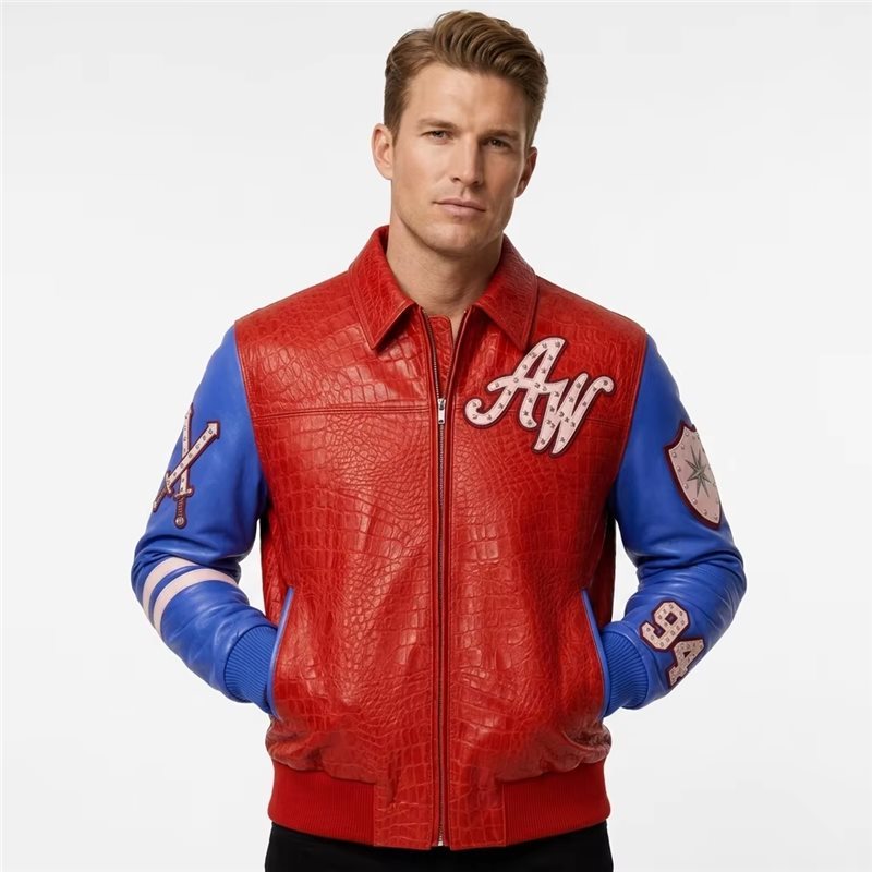Contrast Embossed Leather Jacket Men