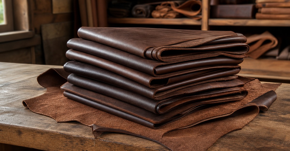Folded dark brown leather panels stacked on a wooden workbench ready for leather jacket production.