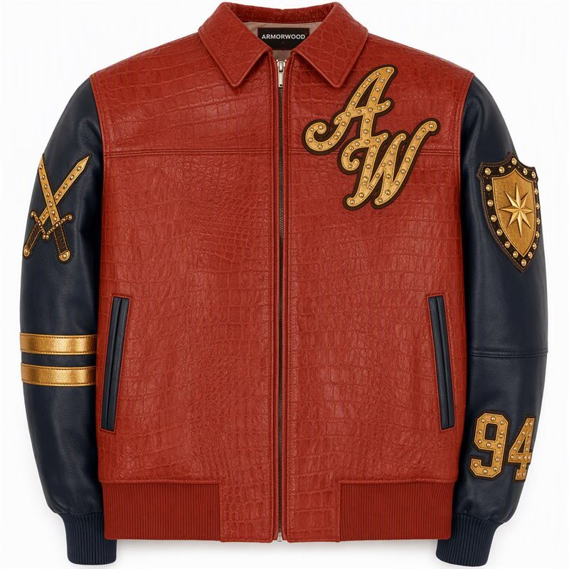 Croc Embossing Leather Varsity Jacket Custom