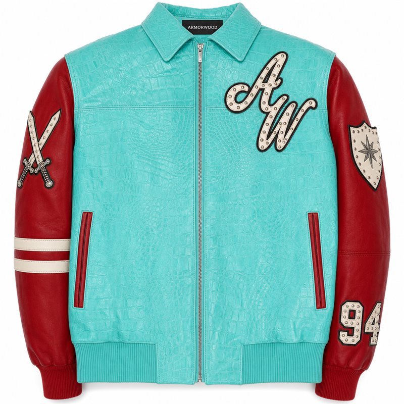 Contrast Embossed Leather Jacket for Men Custom