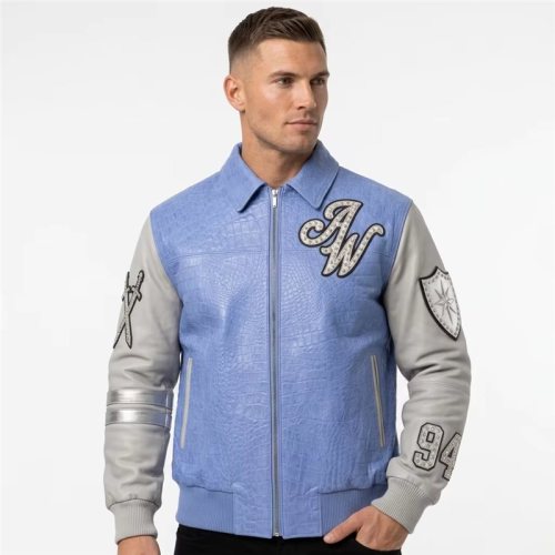 Croc Embossed Leather Applique Embroidery Varsity Jacket for Men