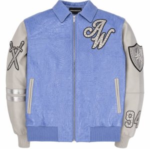 Croc Embossed Leather Applique Embroidery Varsity Jacket for Men