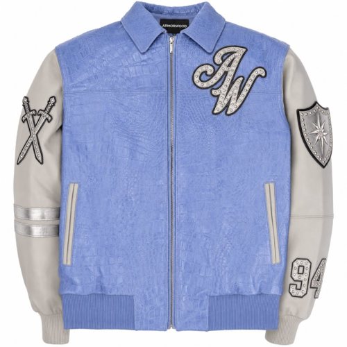Croc Embossed Leather Applique Embroidery Varsity Jacket for Men