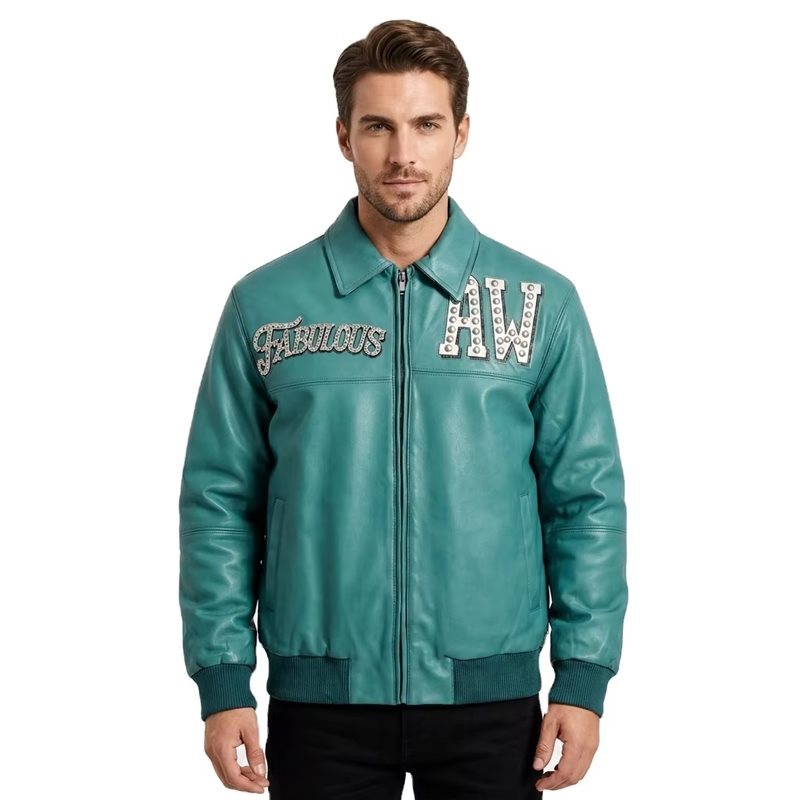 Custom Men's Rhinestone Logo Leather Jacket
