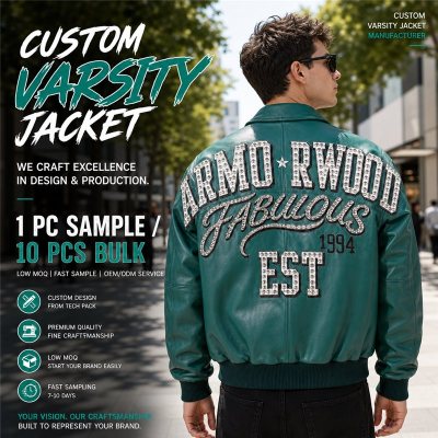 Men's Fall Lambskin Leather Bomber Jacket Custom, Rhinestone