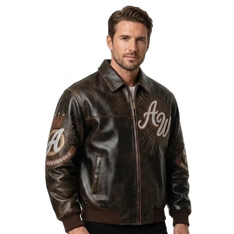 Applique Embroidery Rhinestone Plush Leather Jacket Men