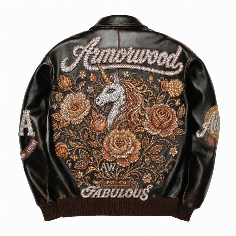 Applique Embroidery Rhinestone Plush Leather Jacket