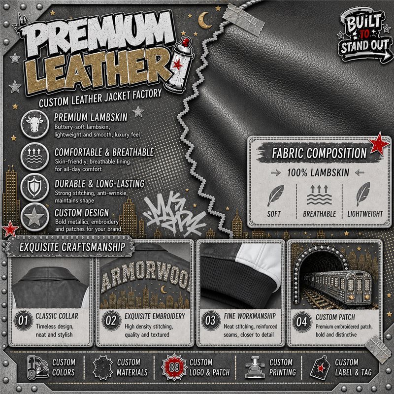 100% Lambskin Applique Embroidery Leather Jacket Custom