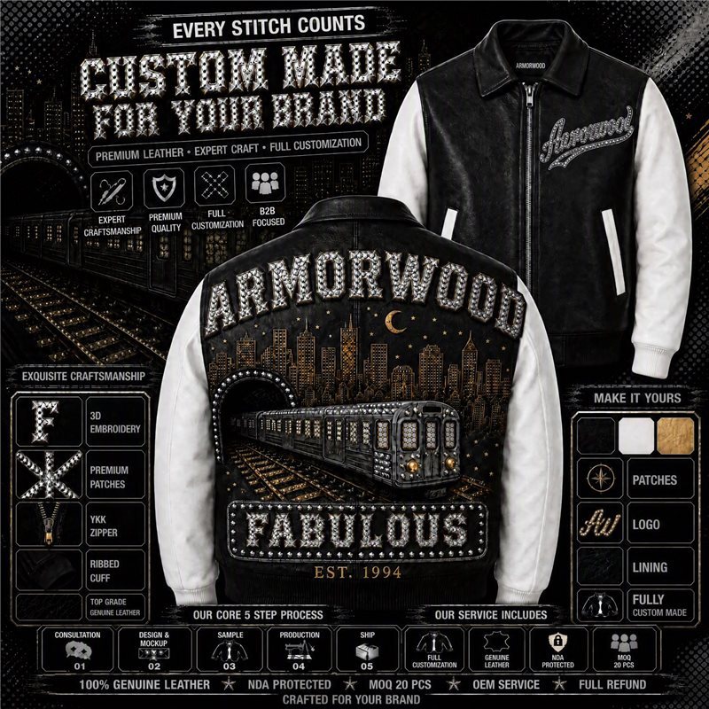 Custom Men's Rhinestone Embroidery Leather Varsity Jacket Manufacturer