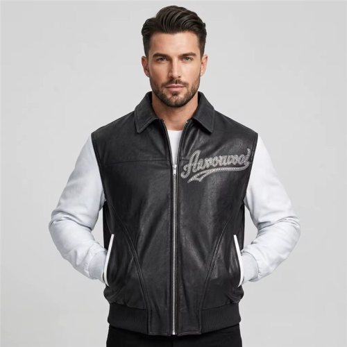 High Street Men's Genuine Leather Bomber Jacket Custom Made, Rhinestone