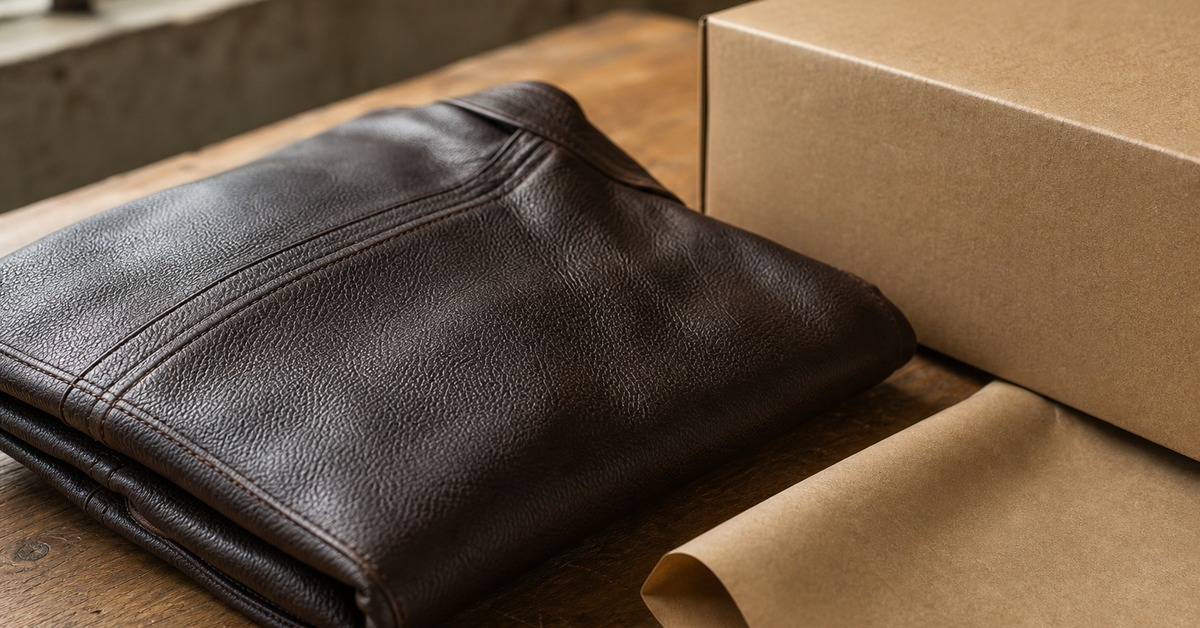 Folded dark brown leather jacket on a workbench beside a plain kraft carton for a low-value U.S. shipment.