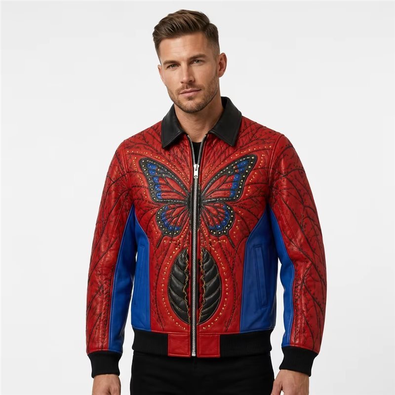 Color Blocking Sheepskin Leather Jacket Custom Men