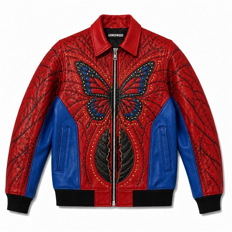 Color Blocking Sheepskin Leather Jacket Custom